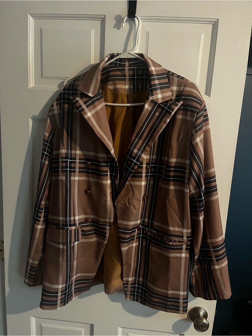 Brown Plaid Double-Breasted Blazer